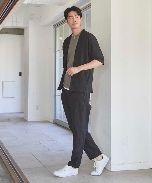 UNION STATION（ユニオンステーション）の「シアージャガード5分袖ボタンレスカーディガン（カーディガン/ボレロ・メンズ・ベージュ/ブラック・M/L/LL）」の7枚目の写真