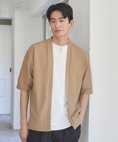 UNION STATION（ユニオンステーション）の「シアージャガード5分袖ボタンレスカーディガン（カーディガン/ボレロ・メンズ・ベージュ/ブラック・M/L/LL）」の9枚目の写真