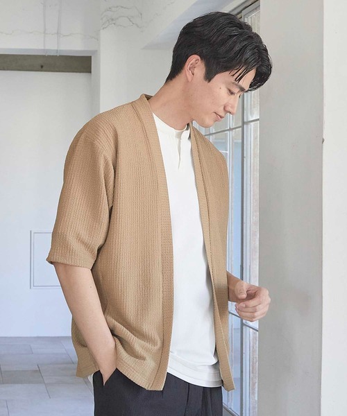 UNION STATION（ユニオンステーション）の「シアージャガード5分袖ボタンレスカーディガン（カーディガン/ボレロ・メンズ・ベージュ/ブラック・M/L/LL）」の10枚目の写真