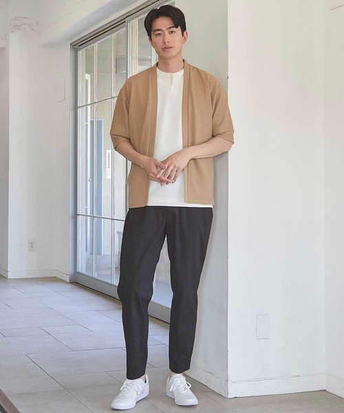 UNION STATION（ユニオンステーション）の「シアージャガード5分袖ボタンレスカーディガン（カーディガン/ボレロ・メンズ・ベージュ/ブラック・M/L/LL）」の12枚目の写真