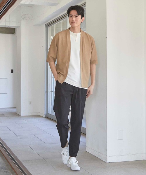 UNION STATION（ユニオンステーション）の「シアージャガード5分袖ボタンレスカーディガン（カーディガン/ボレロ・メンズ・ベージュ/ブラック・M/L/LL）」の13枚目の写真