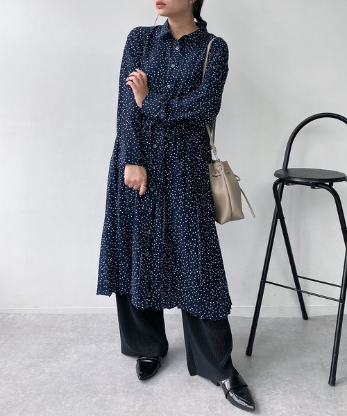 セール】○ウエスト前結び 切替えプリーツシャツワンピース