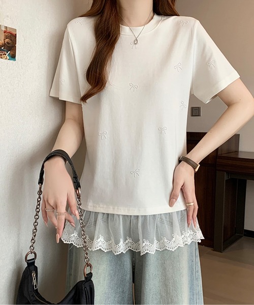 ANMARY リボン付き半袖Tシャツ リンガー半袖Tシャツ レディース : mili an deni - 通販 - Yahoo