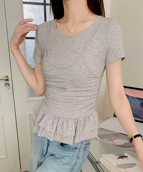 Jasmine Grandiflorum(ジャスミングランディフローラム)の「【Jasmine】レイヤード風裾フリルTシャツ (SS)(Tシャツ/カットソー・レディース・ライトベージュ/グレー/イエロー/ブラック・FREE)」の3枚目の写真
