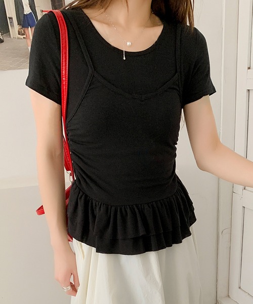 Jasmine Grandiflorum(ジャスミングランディフローラム)の「【Jasmine】レイヤード風裾フリルTシャツ (SS)(Tシャツ/カットソー・レディース・ライトベージュ/グレー/イエロー/ブラック・FREE)」の2枚目の写真