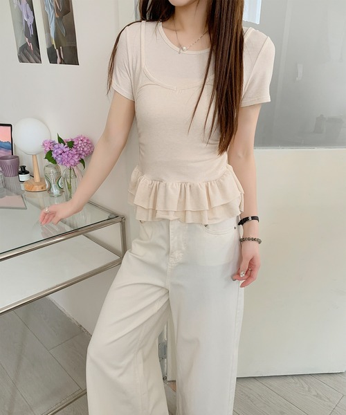 Jasmine Grandiflorum(ジャスミングランディフローラム)の「【Jasmine】レイヤード風裾フリルTシャツ (SS)(Tシャツ/カットソー・レディース・ライトベージュ/グレー/イエロー/ブラック・FREE)」の10枚目の写真