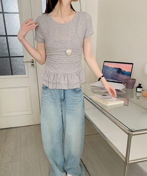 Jasmine Grandiflorum(ジャスミングランディフローラム)の「【Jasmine】レイヤード風裾フリルTシャツ (SS)(Tシャツ/カットソー・レディース・ライトベージュ/グレー/イエロー/ブラック・FREE)」の18枚目の写真