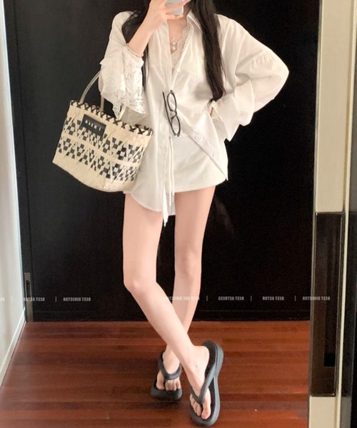 CANVAS+(キャンバスプラス)の「【CANVAS+】インナーレース×シャツアンサンブル(アンサンブル・レディース・ホワイト・M)」の6枚目の写真
