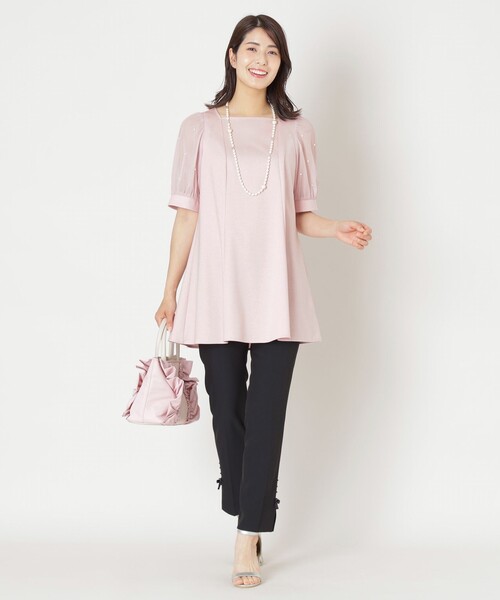 tobechicネイビーフリル袖リボンチュニック★size42★ ドットパールスリーブ チュニック（Tシャツ/カットソー）｜TO BE