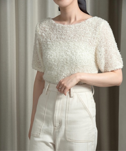 lawgy（ラウジー）の「tape yarn short sleeves tops / テープヤーンショートスリーブストップス（その他トップス・レディース・ベージュ/アイボリー/ピンク・FREE）」の2枚目の写真