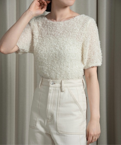 lawgy（ラウジー）の「tape yarn short sleeves tops / テープヤーンショートスリーブストップス（その他トップス・レディース・ベージュ/アイボリー/ピンク・FREE）」の4枚目の写真