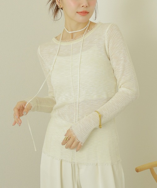 choker sheer lib fringe tops /チョーカー付き シアーリブ フリンジ