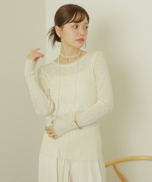 LAULEN(ローレン)の「choker sheer lib fringe tops /チョーカー付き シアーリブ フリンジ トップス(ニット/セーター・レディース・グレー/アイボリー/ベージュ・FREE)」の4枚目の写真