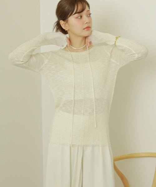 LAULEN(ローレン)の「choker sheer lib fringe tops /チョーカー付き シアーリブ フリンジ トップス(ニット/セーター・レディース・グレー/アイボリー/ベージュ・FREE)」の5枚目の写真