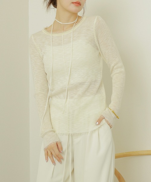 LAULEN(ローレン)の「choker sheer lib fringe tops /チョーカー付き シアーリブ フリンジ トップス(ニット/セーター・レディース・グレー/アイボリー/ベージュ・FREE)」の6枚目の写真