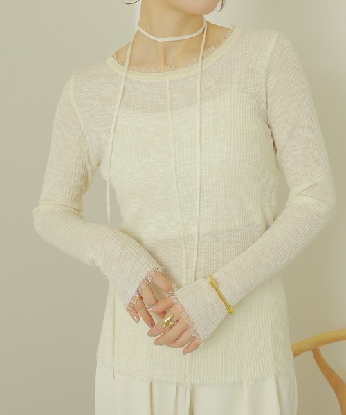 LAULEN(ローレン)の「choker sheer lib fringe tops /チョーカー付き シアーリブ フリンジ トップス(ニット/セーター・レディース・グレー/アイボリー/ベージュ・FREE)」の8枚目の写真