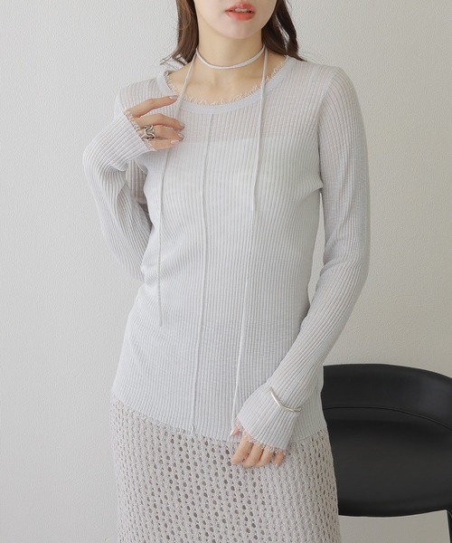 LAULEN(ローレン)の「choker sheer lib fringe tops /チョーカー付き シアーリブ フリンジ トップス(ニット/セーター・レディース・グレー/アイボリー/ベージュ・FREE)」の14枚目の写真