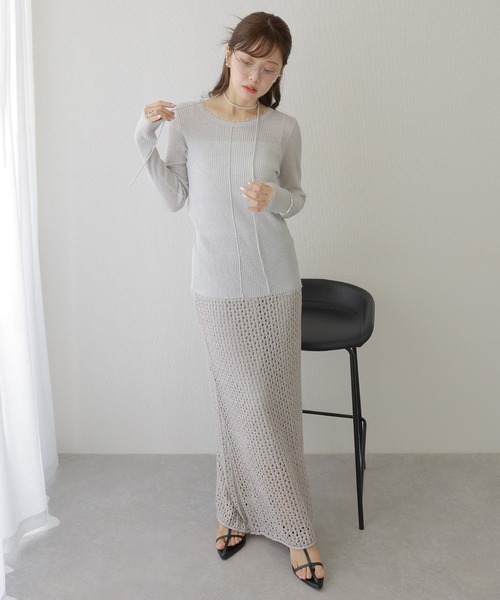 LAULEN(ローレン)の「choker sheer lib fringe tops /チョーカー付き シアーリブ フリンジ トップス(ニット/セーター・レディース・グレー/アイボリー/ベージュ・FREE)」の16枚目の写真