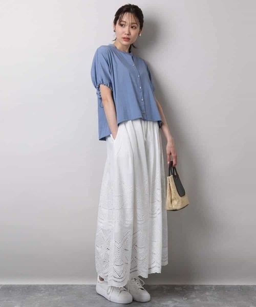 MK MICHEL KLEIN（エムケーミッシェルクラン）の「コットン刺繍カットワークギャザースカート/洗える（スカート・レディース・ブルー/カーキ/ホワイト・38）」の9枚目の写真