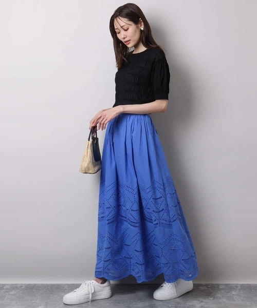 MK MICHEL KLEIN（エムケーミッシェルクラン）の「コットン刺繍カットワークギャザースカート/洗える（スカート・レディース・ブルー/カーキ/ホワイト・38）」の16枚目の写真