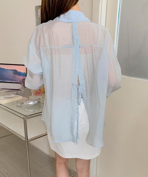 aimoha(アイモハ)の「バックリボン長袖シアーシャツ (SS)(シャツ/ブラウス・レディース・ブラック/ライトベージュ/ホワイト/ライトグレー/ピンク/ライトグリーン・FREE)」の5枚目の写真