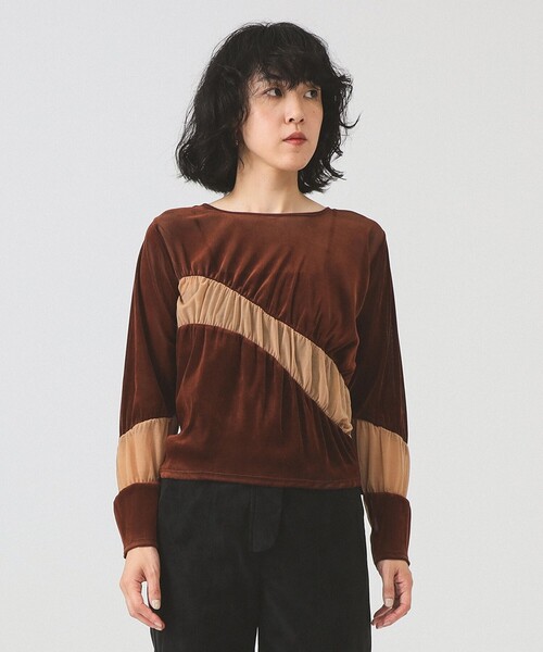 Ray BEAMS（レイビームス）の「RBS / ベロア ライン ギャザー Tシャツ（Tシャツ/カットソー・レディース・ブラック/ダークブラウン・ONE SIZE）」の7枚目の写真