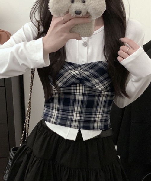 kirakiraShop(キラキラショップ)の「【2点セット】チェック柄 ビスチェ & カーディガン セット(セットアップ・レディース・ホワイト/ブラック/グレー・FREE)」の6枚目の写真