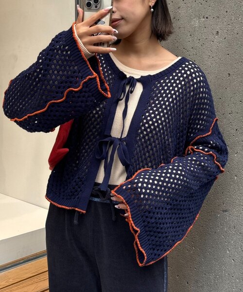 HELLO.SANFRANCISCO（ハローサンフランシスコ）の「【HELLO.SANFRANCISCO】配色メローメッシュ2wayカーデ（カーディガン/ボレロ・レディース・レッド/ネイビー/オレンジ/グレー・ONE SIZE）」の3枚目の写真