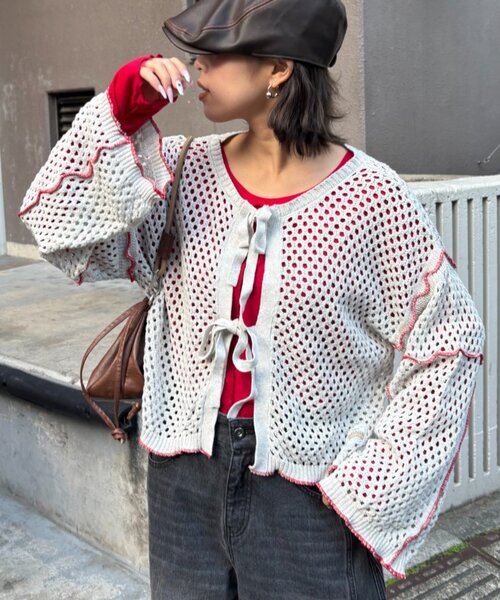 HELLO.SANFRANCISCO（ハローサンフランシスコ）の「【HELLO.SANFRANCISCO】配色メローメッシュ2wayカーデ（カーディガン/ボレロ・レディース・レッド/ネイビー/オレンジ/グレー・ONE SIZE）」の5枚目の写真