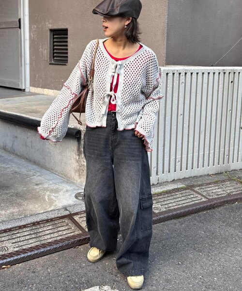 HELLO.SANFRANCISCO（ハローサンフランシスコ）の「【HELLO.SANFRANCISCO】配色メローメッシュ2wayカーデ（カーディガン/ボレロ・レディース・レッド/ネイビー/オレンジ/グレー・ONE SIZE）」の7枚目の写真