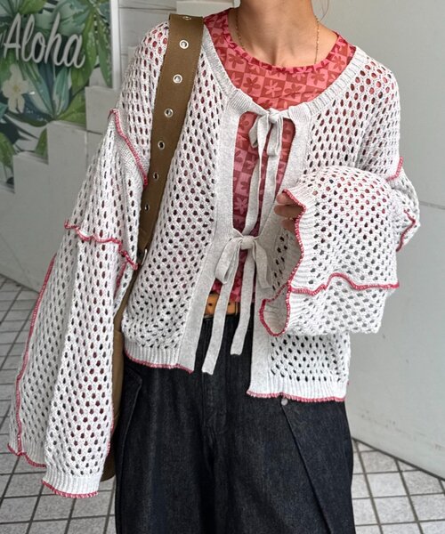 HELLO.SANFRANCISCO（ハローサンフランシスコ）の「【HELLO.SANFRANCISCO】配色メローメッシュ2wayカーデ（カーディガン/ボレロ・レディース・レッド/ネイビー/オレンジ/グレー・ONE SIZE）」の8枚目の写真