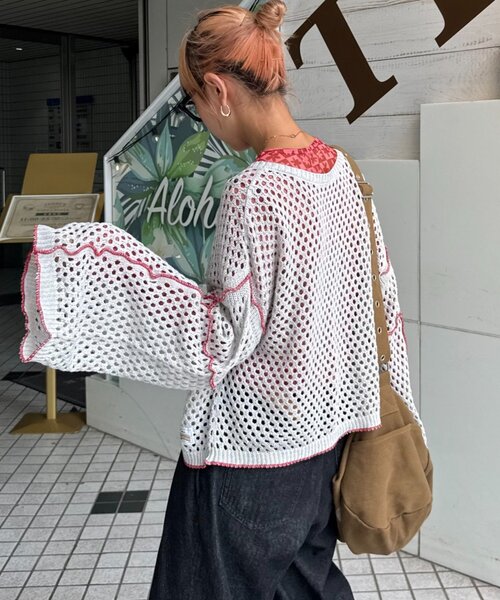 HELLO.SANFRANCISCO（ハローサンフランシスコ）の「【HELLO.SANFRANCISCO】配色メローメッシュ2wayカーデ（カーディガン/ボレロ・レディース・レッド/ネイビー/オレンジ/グレー・ONE SIZE）」の10枚目の写真