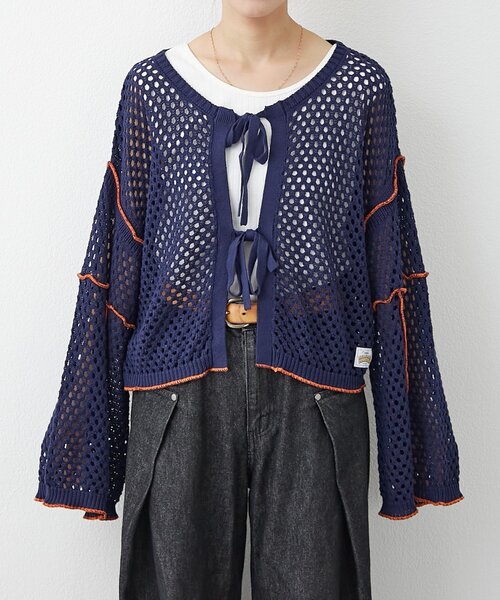 HELLO.SANFRANCISCO（ハローサンフランシスコ）の「【HELLO.SANFRANCISCO】配色メローメッシュ2wayカーデ（カーディガン/ボレロ・レディース・レッド/ネイビー/オレンジ/グレー・ONE SIZE）」の15枚目の写真