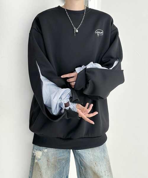FVLMEN(フルメン)の「【FVLMEN】fake layered stripe shirt sweat pullover/フェイクレイヤード ストライプ シャツ スウェット プルオーバー(スウェット・メンズ・ブラック/グレー・X-LARGE/LARGE/MEDIUM)」の2枚目の写真
