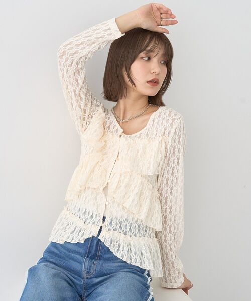 earth music&ecology（アースミュージックアンドエコロジー）の「レースフリルメローカーディガン（シャツ/ブラウス・レディース・アイボリー/ブラウン・FREE）」の14枚目の写真