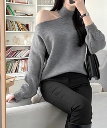 オフショルダー グレー ニット オフショル ニット オフショルダー」に該当するグレー/灰色系の