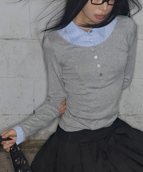 FANCY CLUB(ファンシークラブ)の「A'GEM/9 × .kom 『FANCY CLUB/ファンシークラブ』 SHIRT LAYERED LONG SLEEVE/シャツ レイヤード 長袖Tシャツ(Tシャツ/カットソー・レディース・グレー/ブラック/チャコールグレー・FREE)」の3枚目の写真