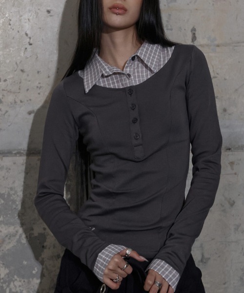 FANCY CLUB(ファンシークラブ)の「A'GEM/9 × .kom 『FANCY CLUB/ファンシークラブ』 SHIRT LAYERED LONG SLEEVE/シャツ レイヤード 長袖Tシャツ(Tシャツ/カットソー・レディース・グレー/ブラック/チャコールグレー・FREE)」の10枚目の写真