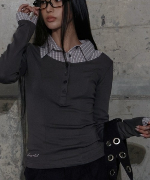 FANCY CLUB(ファンシークラブ)の「A'GEM/9 × .kom 『FANCY CLUB/ファンシークラブ』 SHIRT LAYERED LONG SLEEVE/シャツ レイヤード 長袖Tシャツ(Tシャツ/カットソー・レディース・グレー/ブラック/チャコールグレー・FREE)」の9枚目の写真