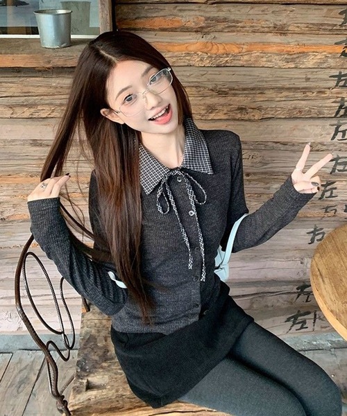 セール】Nia(ニア)/チェック柄 レイヤード風 襟付きカーディガン