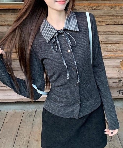 セール】Nia(ニア)/チェック柄 レイヤード風 襟付きカーディガン