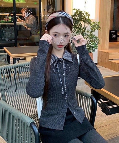 Nia(ニア)/チェック柄 レイヤード風 襟付きカーディガン（カーディガン