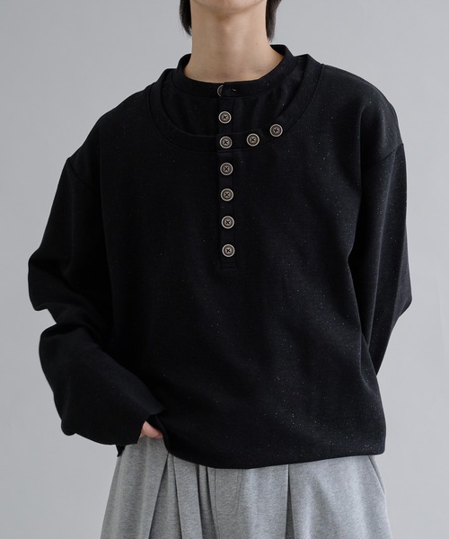 EPNK（イーピーエヌケー）の「Lame Button Henley Knit / ラメボタンヘンリーニット（Tシャツ/カットソー・メンズ・ブラック/パープル・SMALL/MEDIUM/LARGE）」の3枚目の写真