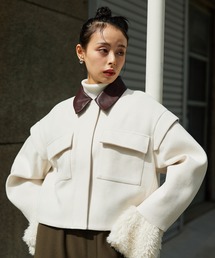 ノーカラージャケット（ホワイト/白色系・ウール・ニット