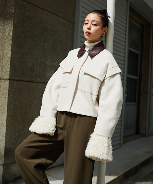 Narcissus（ナルシス）の「【2WAY】カラージャケット/ノーカラーショートジャケット（ノーカラージャケット・レディース・チャコール/アイボリー・FREE）」の3枚目の写真