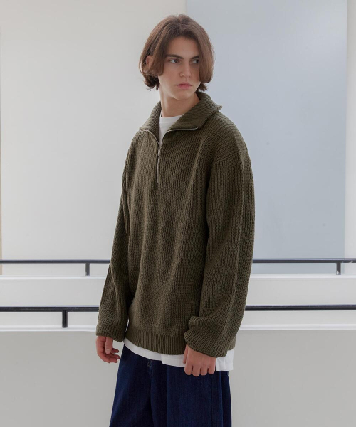 セール】Half Zip Up Collar Neck Hachi Knit [Khaki]（ニット