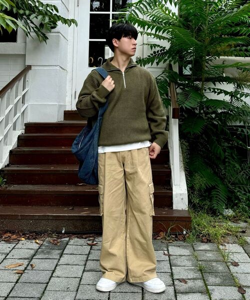 セール】Half Zip Up Collar Neck Hachi Knit [Khaki]（ニット