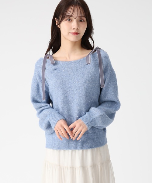31 Sons de mode（トランテアン　ソン　ドゥ　モード）の「2025秋冬新作 ベロア肩リボンふわふわニット（ニット/セーター・レディース・ブルー/アイボリー/ブラウン/レッド・ﾌﾘ-）」の21枚目の写真