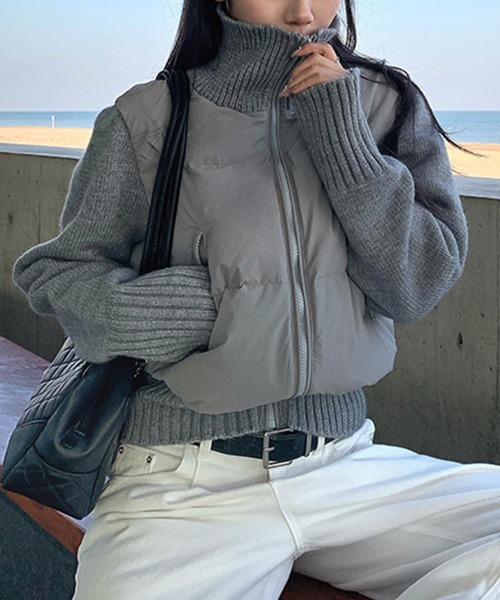 Doula Doula（ドゥーラドゥーラ）の「ニット切り替え中綿ブルゾン（ダウンジャケット/コート・レディース・ピンク/ブラウン/ブラック/オフホワイト/グレー・M/L）」の3枚目の写真