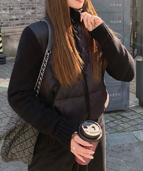 Doula Doula（ドゥーラドゥーラ）の「ニット切り替え中綿ブルゾン（ダウンジャケット/コート・レディース・ピンク/ブラウン/ブラック/オフホワイト/グレー・M/L）」の2枚目の写真